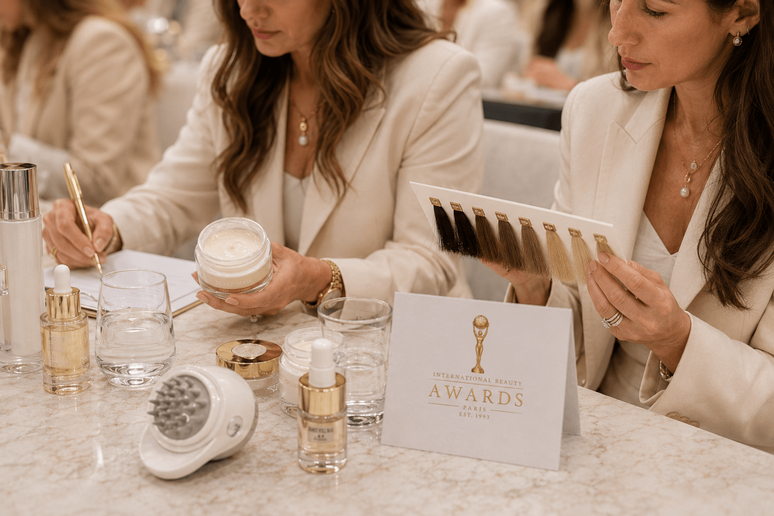 Paris beauty review setting with International Beauty Awards materials