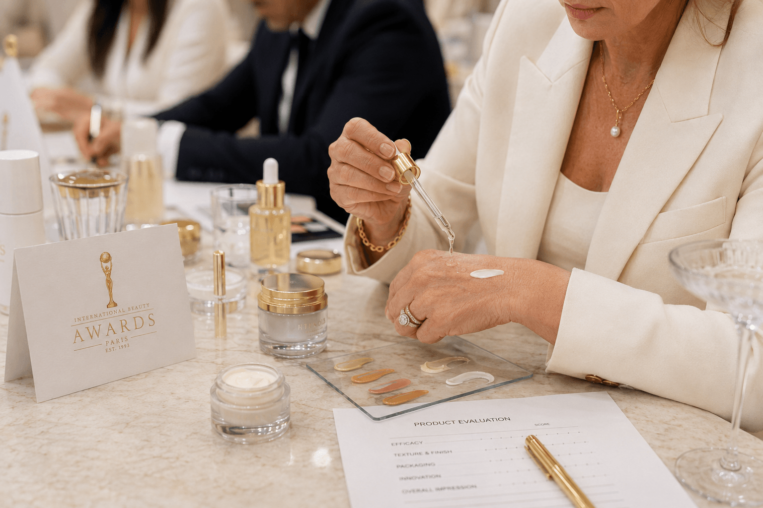 IBA review table with beauty products and award documentation