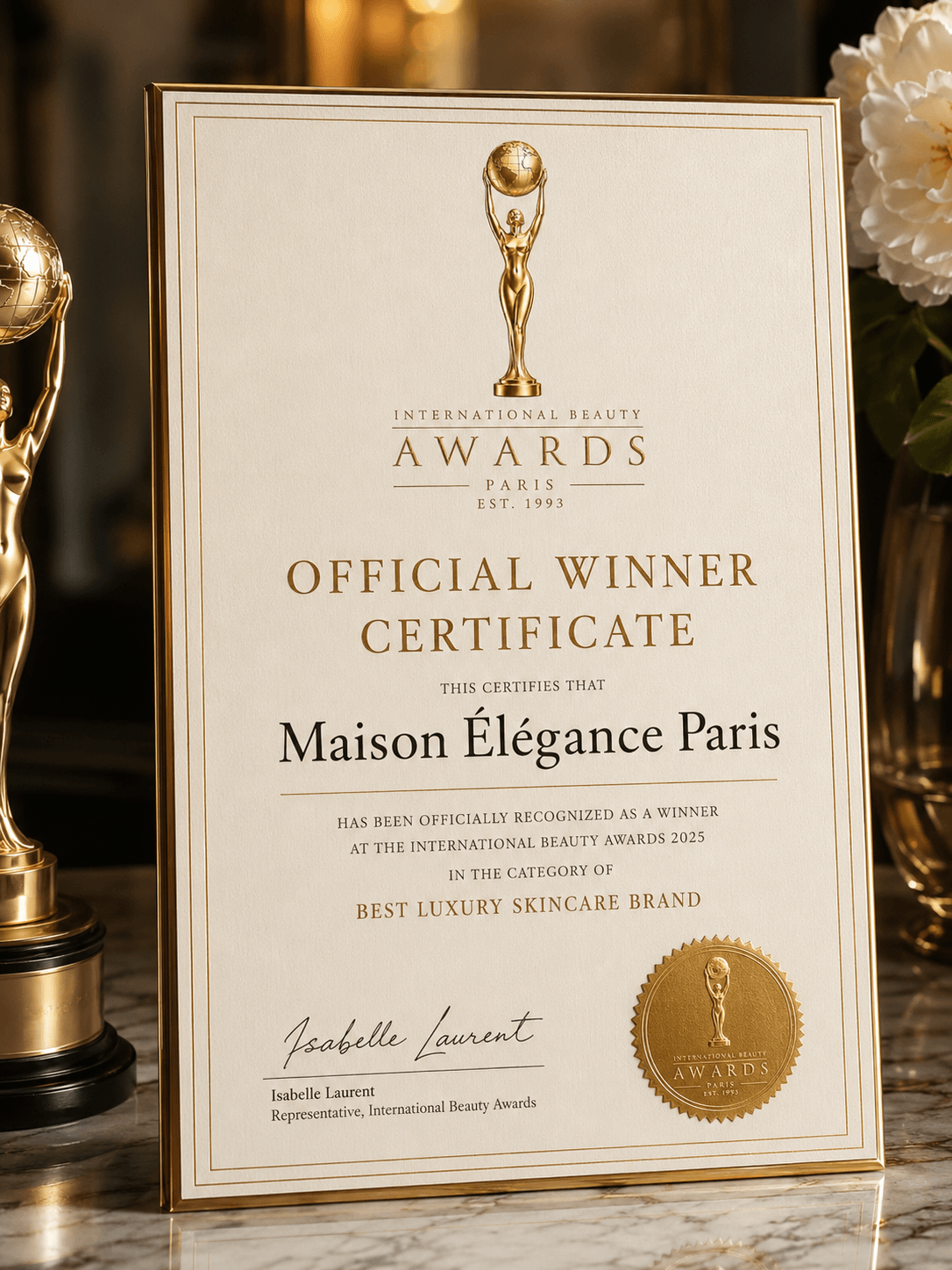 IBA winner certificate and recognition display